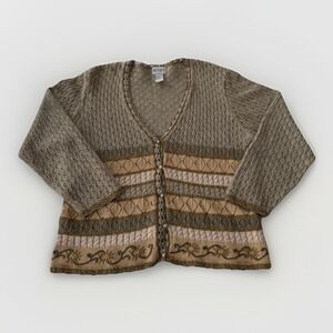Vintage Koret Cardigan Sweater Women's Medium Earth Tone Open Knit Crochet Style